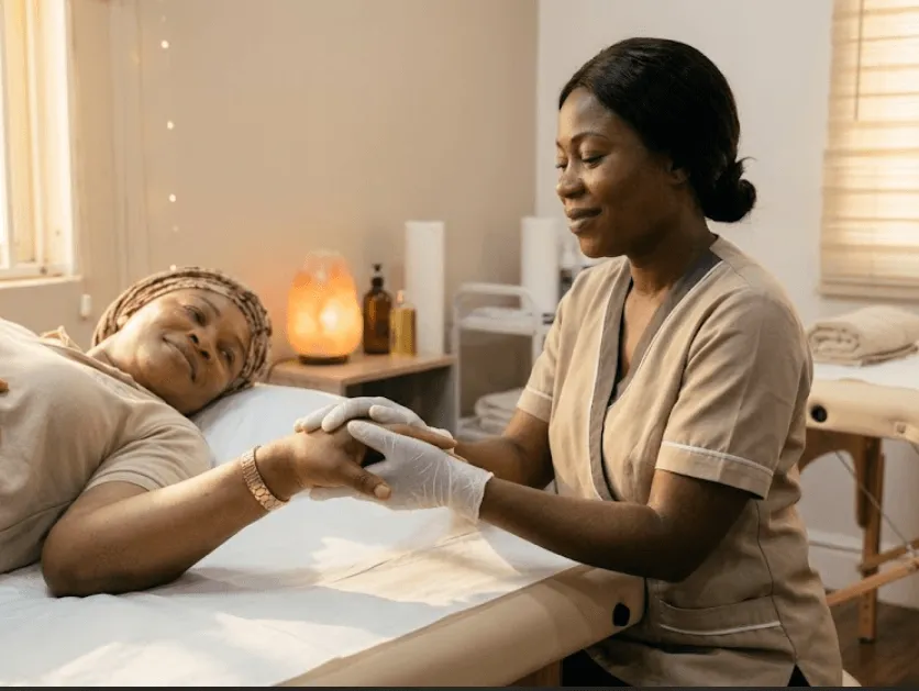 Therapist wearing gloves gently holding a client's hand in a calm, candle-lit treatment room with plants and soft lighting