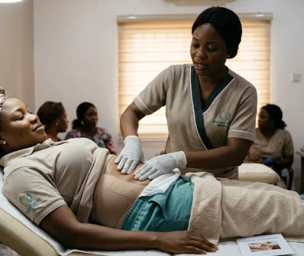 Therapist in gloves performing gentle manual lymphatic drainage on a client's abdomen over a compression garment during a post-op session